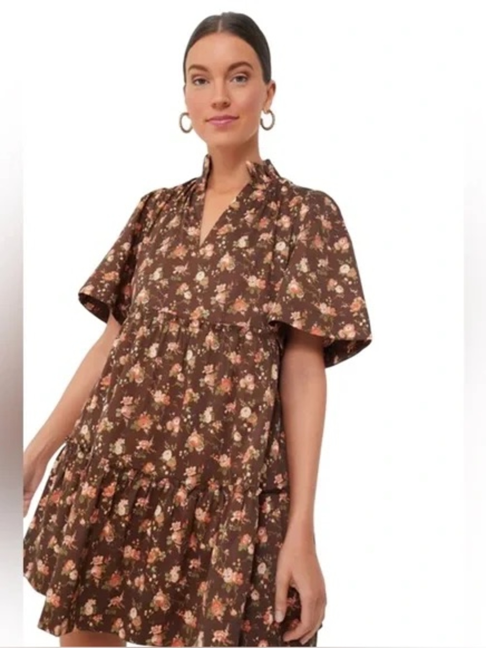 Tuckernuck Brown Floral Tiered Mini Dress with Peach Blooms
